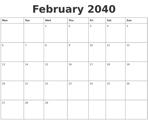 February 2040 Blank Calendar Template