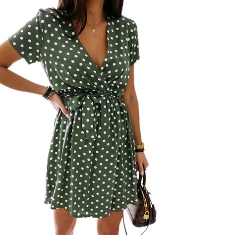 neue mode frauen damen sommer casual polka dot print kleid kurzarm v ausschnitt mini kleid lose