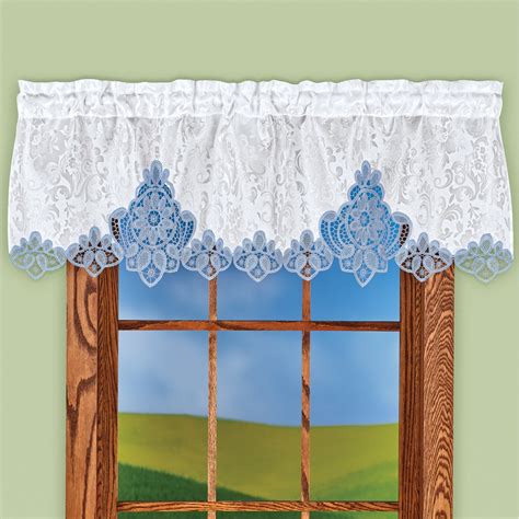 White Brocade Curtain Valance With Crocheted Lace Insets Collections Etc