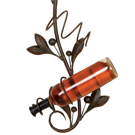 Metal Wall Wine Bottle Holder With 4 Slots And Leaf Accents Bronze