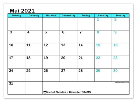 Jahreskalender 2021 mit feiertagen und kalenderwochen jahreskalender 2021, 2 din a4 seiten, quer. Kalender "504MS" Mai 2021 zum ausdrucken - Michel Zbinden DE