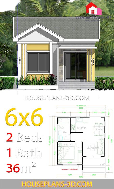 House Plans 6x6 With One Bedrooms Gable Roof House Plans 3d Small