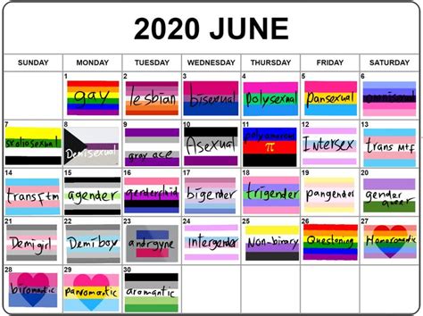 Get the source code to include the pride calendar on your homepage. PRIDE MONTH CALENDAR 2020 in 2020 | Pride month calendar ...