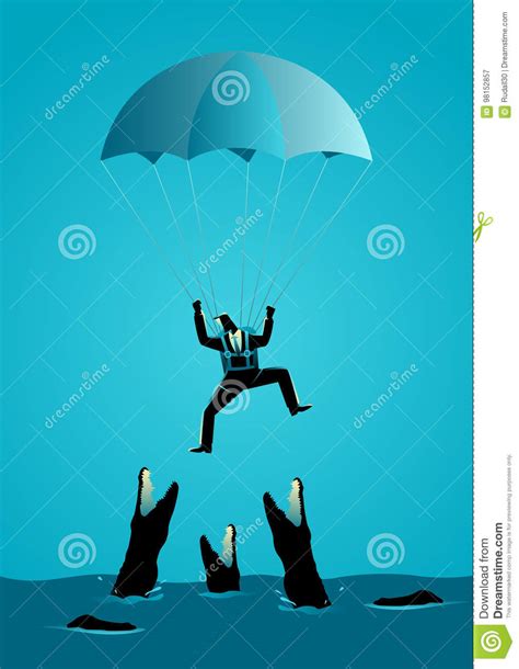 Businessman With Parachute Falling Into Hungry Crocodiles Stock Vector