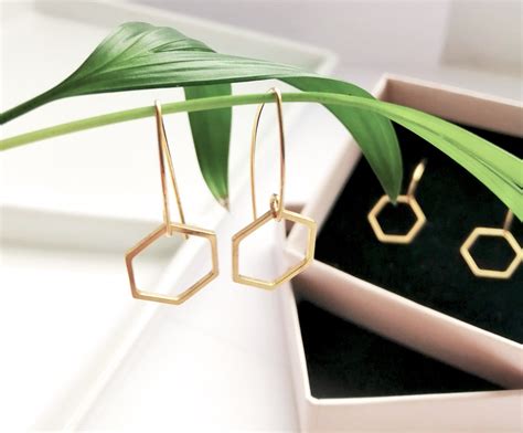 Gold Minimalist Hexagon Drop Earrings Contemporary Everyday Etsy