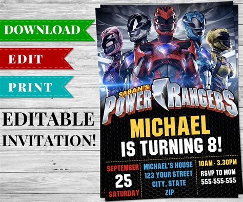 Dinywageman Power Rangers Party Invitations Printable