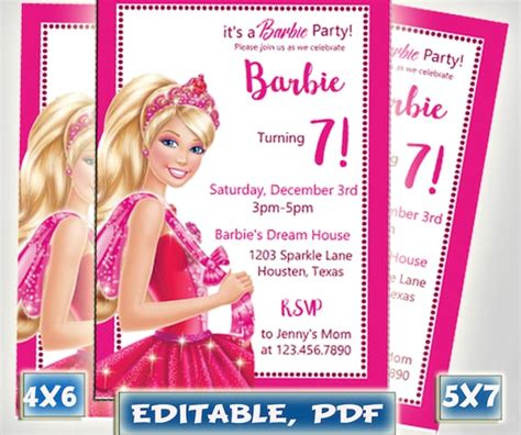 instant download barbie invitation barbie birthday disney etsy