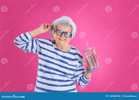 Portrait Of Cool Grandmother With Drink Stock Photo Image Of Elderly