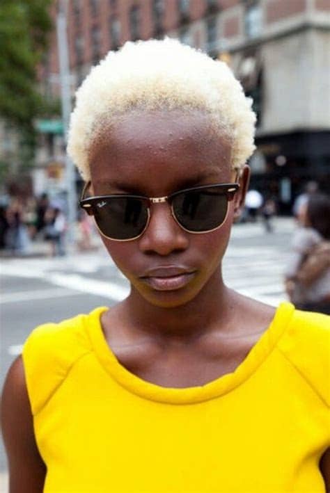 Since modern hair dye is so effective at its job, that means the skin around your hairline or skin on your hands might suffer the same consequences as your strands. dark skin bleach blonde with tight curly pixie | Blonde ...
