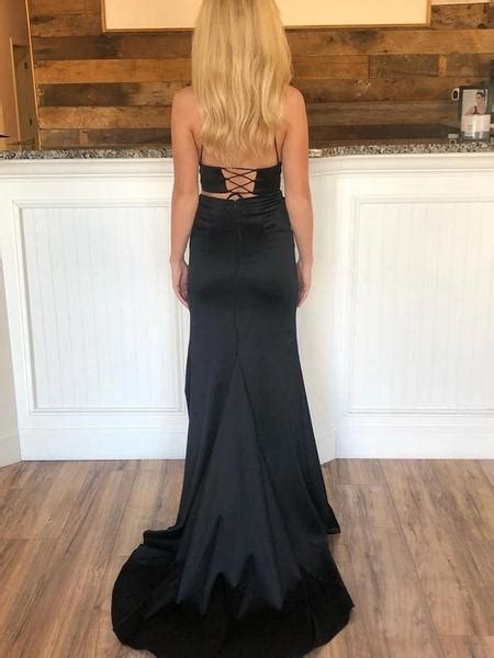 V Neck Two Pieces Mermaid Black Prom Dresses With High Slit Two Piece