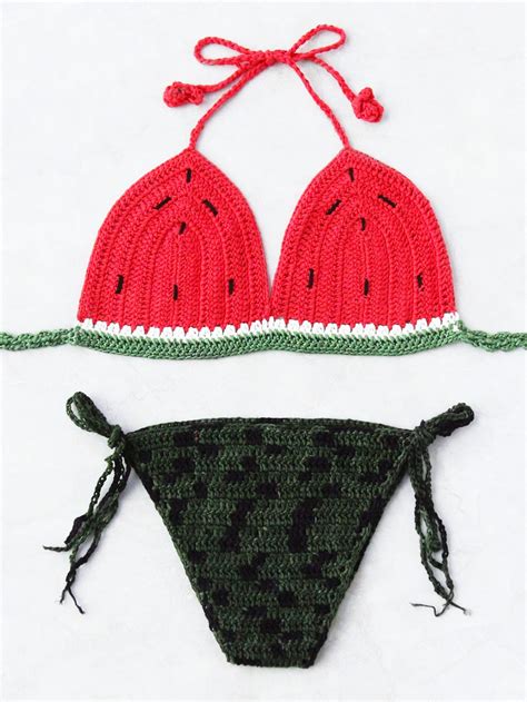 Watermelon Pattern Side Tie Crochet Triangle Bikini Set Sheinsheinside