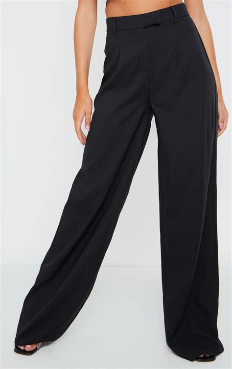 Black Woven Tailored Wide Leg Trousers Prettylittlething