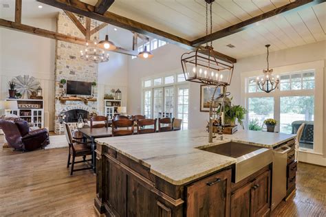 Farmhouse Great Room Grand Island With Exposed Ceiling Trusses Home