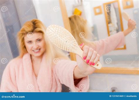Happy Woman Holding Showing Her Hair Brush Stock Image Image Of Brush