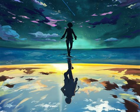 Wallpaper Anime Boy Clouds Water Floating Scenic Stars Reflection
