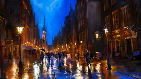 Two Black Paintings Watercolor London Night Rain Hd Wallpaper