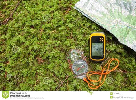 Finding The Right Position In The Forest With A Compass Map An Stock