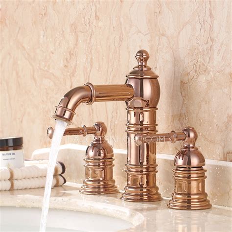 Gold bathroom faucets for sale are laboratory tested to withstand a flow rate of 1.2 gpm and complete with installation accessories. High End Rose Gold Three Hole Bathroom Sink Faucet