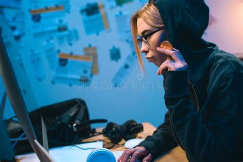 Side View Of Serious Young Female Hacker Editorial Stock Image Image