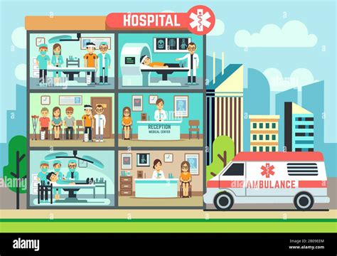Hospital Edificio De Clínica Médica Ambulancia Con Pacientes Y