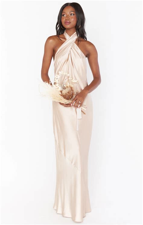 Jasmine Halter Maxi Dress ~ Champagne Luxe Satin Show Me Your Mumu Maternity Bridesmaid