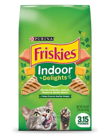 May 14, 2019 · friskies indoor delights® dry cat food formulated to promote healthy weight and help control hairballs, with flavors of chicken, salmon, cheese & garden greens. Friskies Indoor Delights® Dry Cat Food - Purina Express