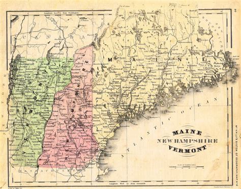 Mcnallys System Map Maine New Hampshire Vermont Hand Colored