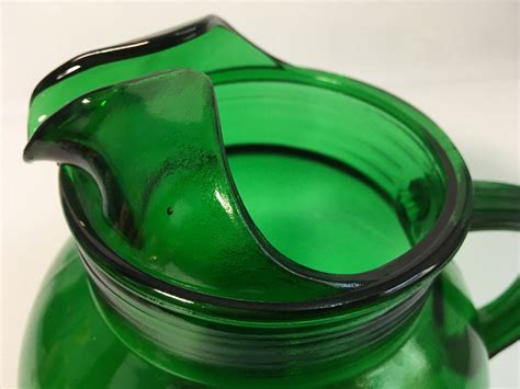 Vintage Green Glass Pitcher Rould Large Emerald Green Pitcher W Inique Handle Retro Home