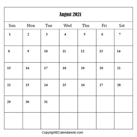 August 2021 Blank Calendar Pages