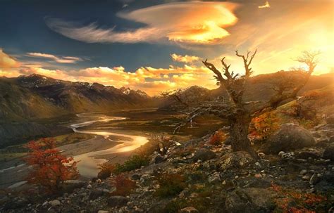 Nature Landscape River Sunset Mountain Valley Trees