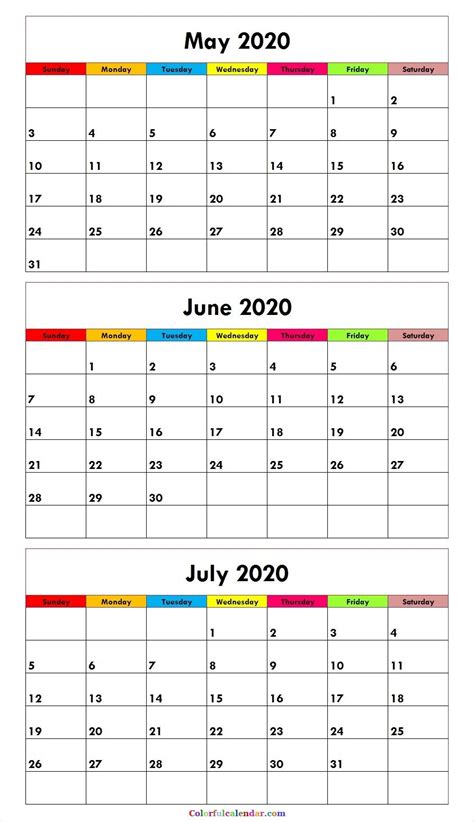 Three Month Calendar May June July 2020 In 2020 June Calendar