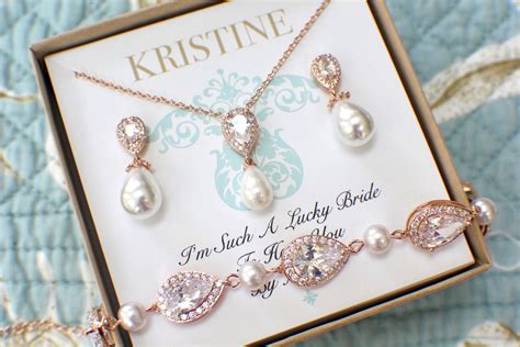 Pearl Bridesmaid Jewelry Set Rose Gold Personalized Etsy Pearl