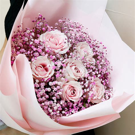 Pink Rose And Babys Breath Flower Bouquet Send Flowers To China