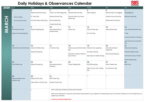 March Daily Holidays And Observances Printable Calendar Sands Blog