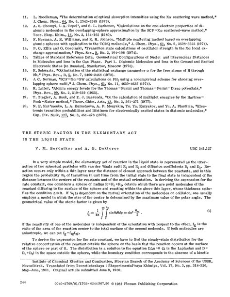 Pdf The Steric Factor In The Elementary Act In The Liquid State