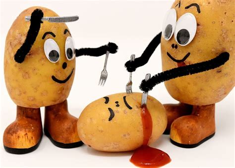 Three Potatoes Holding Knife Cannibals Funny Potatoes Knife Fork
