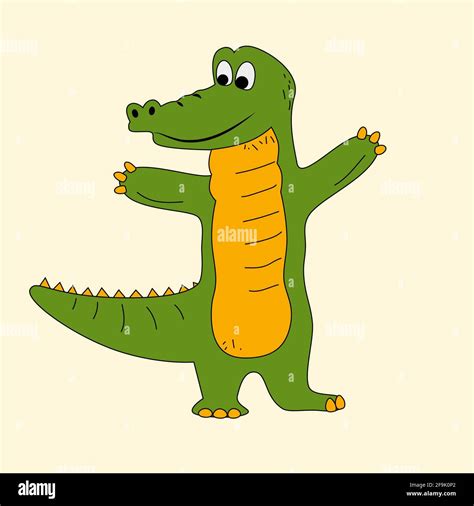 Cute Green And Yellow Crocodile Cartoon Black Outline Hand Drawn