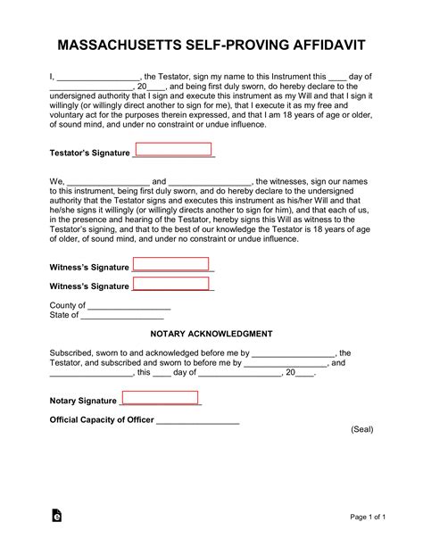 Free Massachusetts Self Proving Affidavit Form PDF Word EForms