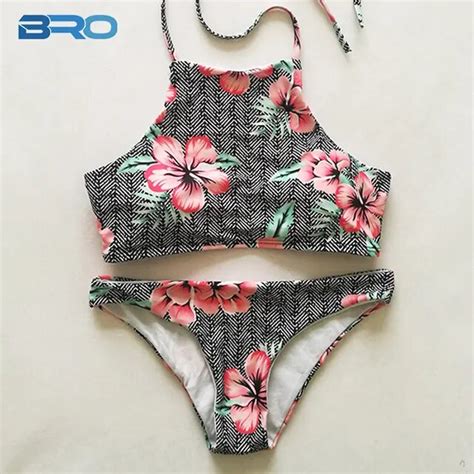 Bro High Neck Tank Bikini Floral Printing Crop Top Womens Swimsuit