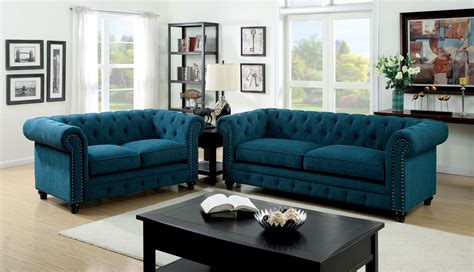 Stanford Dark Teal Fabric Living Room Set From Furniture Of America