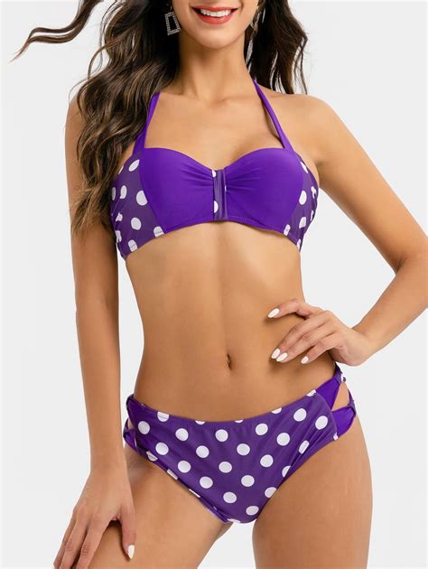 32 Off 2022 Polka Dot Print Halter Knotted Bikini Swimsuit In Purple