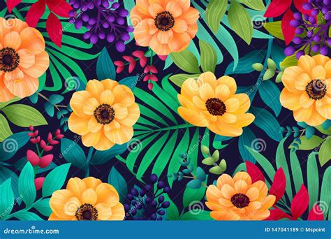 Colorful Summer Tropical Background With Exotic Palm Leaves And