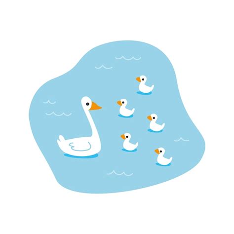 Un Lago Azul En El Que Nada Una Familia De Cisnes Mam Ganso Y Los Polluelos Aprenden A Nadar