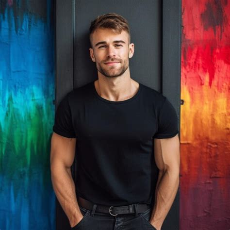 Premium Ai Image A Man In A Black Shirt Stands In Front Of A Colorful
