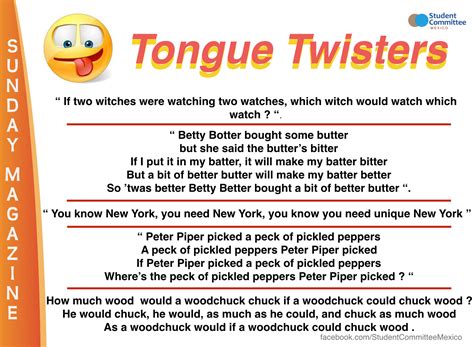 Tongue twisters in english are a sequence of words or sounds that are generally difficult to pronounce quickly and correctly. ' Tongue twisters ' SUNDAY MAGAZINE | English Language ...