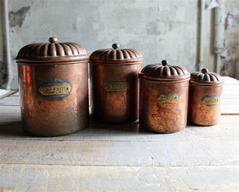 4 Vintage Copper Kitchen Canister Set Etsy Copper Kitchen Canisters