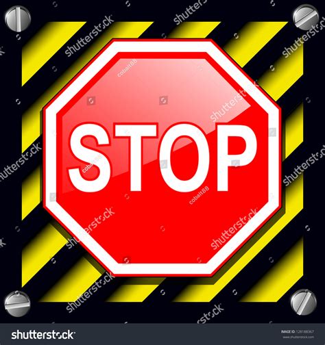 Stop Sign Over Warning Stripes Background Stock Vector