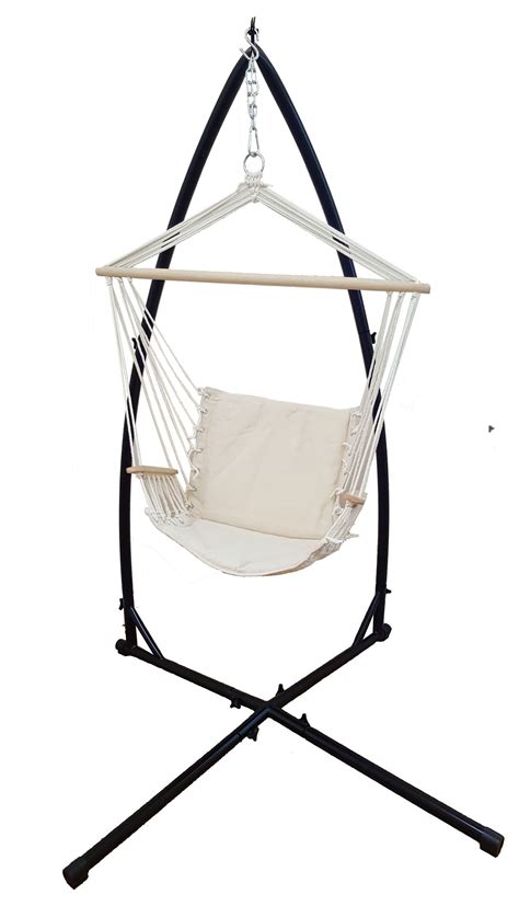 beige padded hammock chair  wooden arm rests
