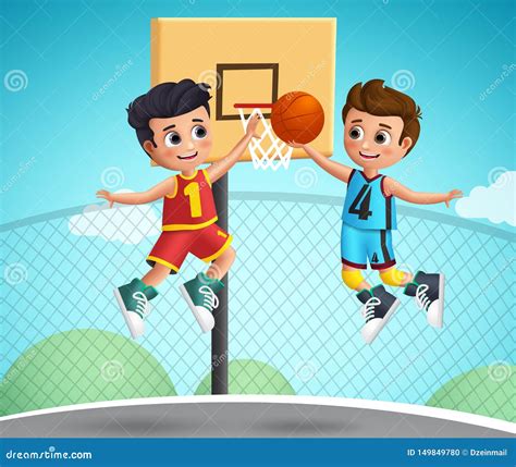 Kids Characters Playing Basketball Vector Illustrationyoung School