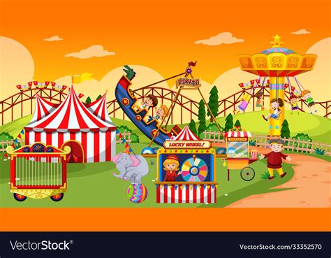 Amusement Park Scene At Daytime With Happy Kids Vector Image